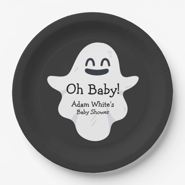 Black & White Oh Baby Ghost Halloween Baby Shower Paper Plates (Front)