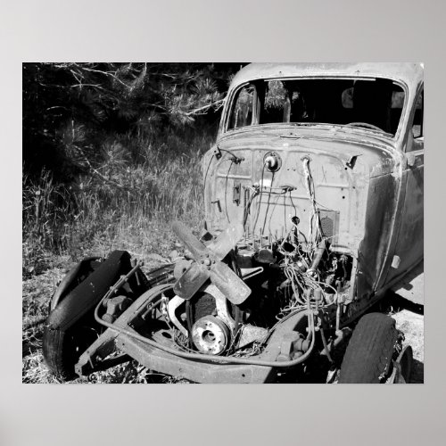 Black  White Old Junk Car on the Side of the Road Poster