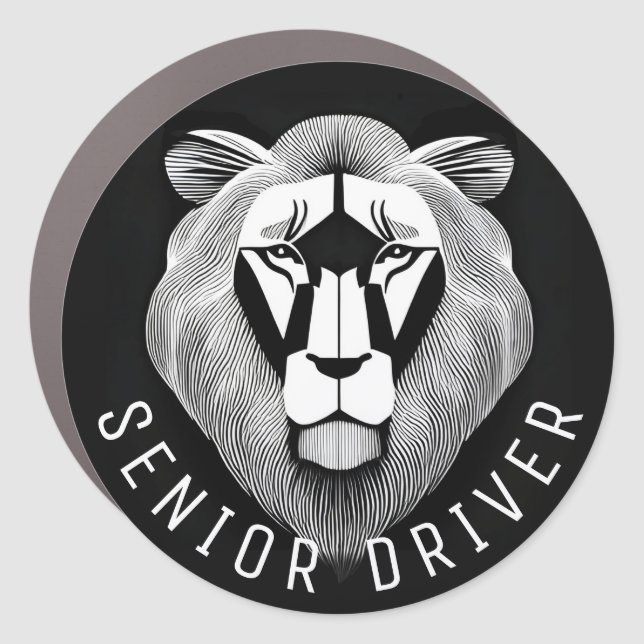   Black & White Old Lion Cool Modern Senior Driver Car Magnet (Front)