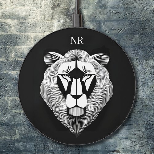  Black  White Old Lion Modern Graphic Monogrammed Wireless Charger