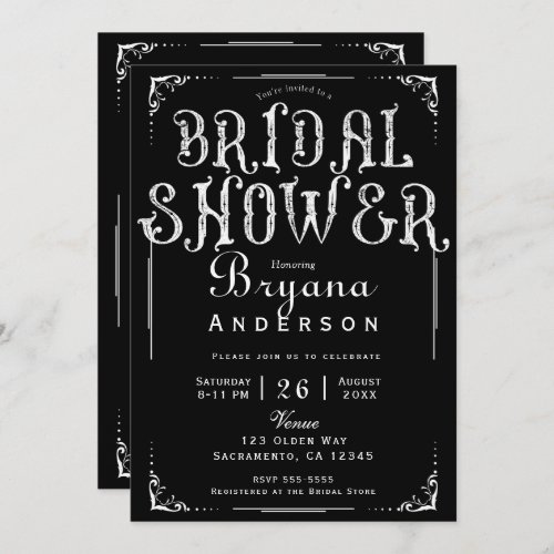 Black  White Old Vintage Type Bridal Shower Invit Invitation