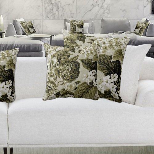 Black  White Olive Green Botanical Floral Toile Throw Pillow