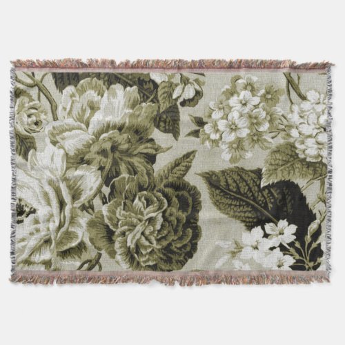 Black White Olive Green Tone Vintage Floral Toile Throw Blanket