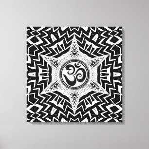 Black+White Om Star Trip Mandala Canvas