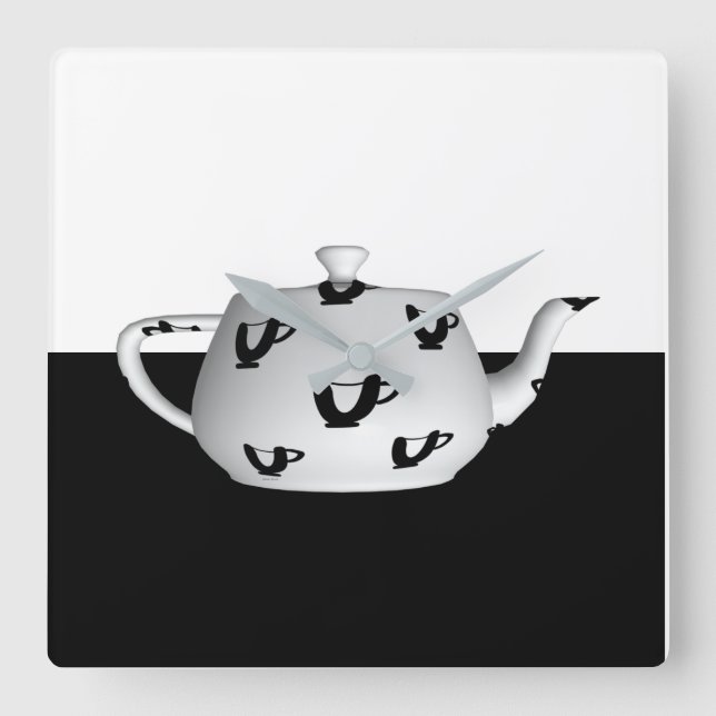 Black White On Black Teapot Square Wall Clock (Front)