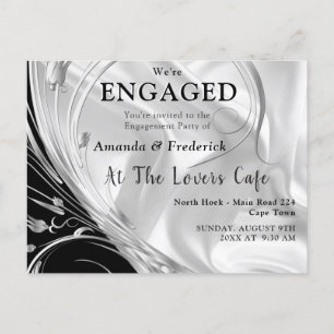 Black - White on Champagne Silk Engagement Invitation Postcard
