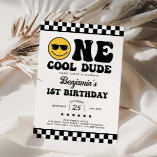 Black White One Cool Dude Boy 1st Birthday Party Invitation