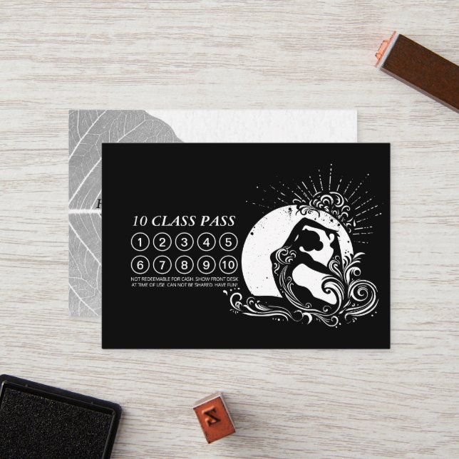 Black White One-legged King Pigeon Yoga Class Pass Loyalty Card (Front/Back In Situ)