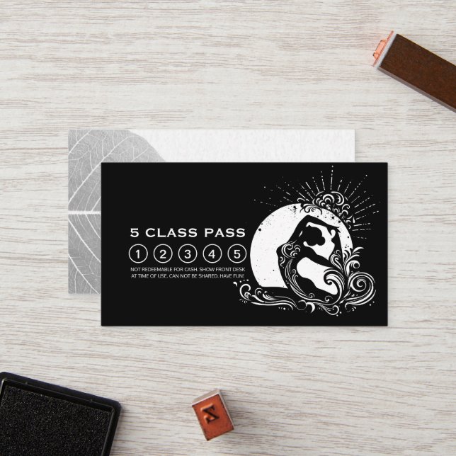Black White One-legged King Pigeon Yoga Class Pass Loyalty Card (Front/Back In Situ)