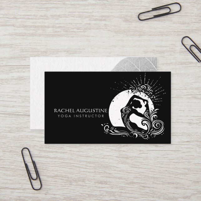 Black White One-Legged King Pigeon Yoga Pose Logo Business Card (Front/Back In Situ)