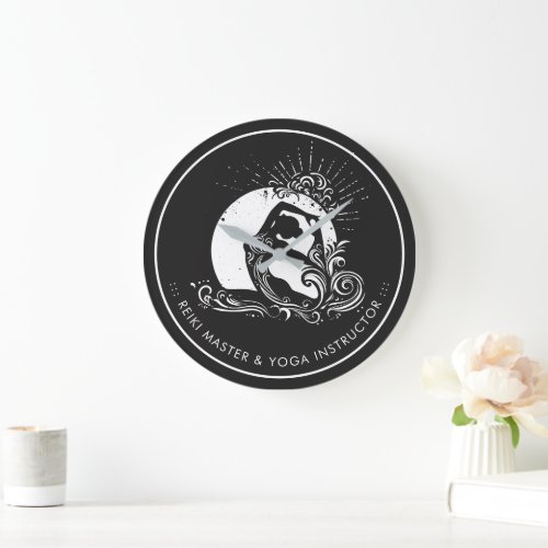 Black White One_legged King Pigeon Yoga Pose Logo Large Clock