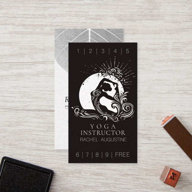 Black White One-legged King Pigeon Yoga Pose Logo Loyalty Card (Front/Back In Situ)