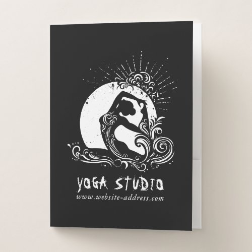 Black White One_legged King Pigeon Yoga Pose Logo Pocket Folder