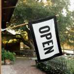 BLACK & WHITE OPEN SIGN FLAG<br><div class="desc">Bold Black and white open sign flag. Simple black on white flag with a thick bold frame and bold text.</div>