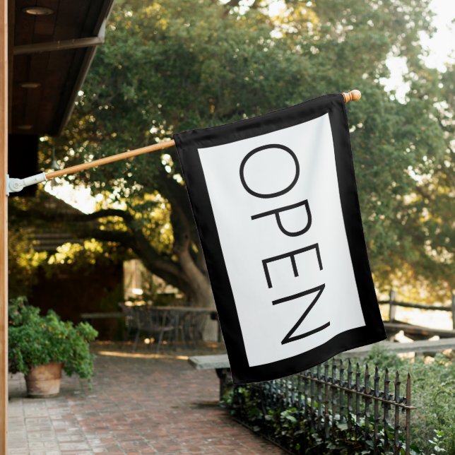 BLACK & WHITE OPEN SIGN FLAG (In SItu)