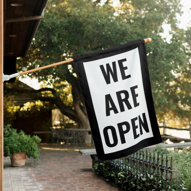 BLACK & WHITE OPEN SIGN FLAG (In SItu)