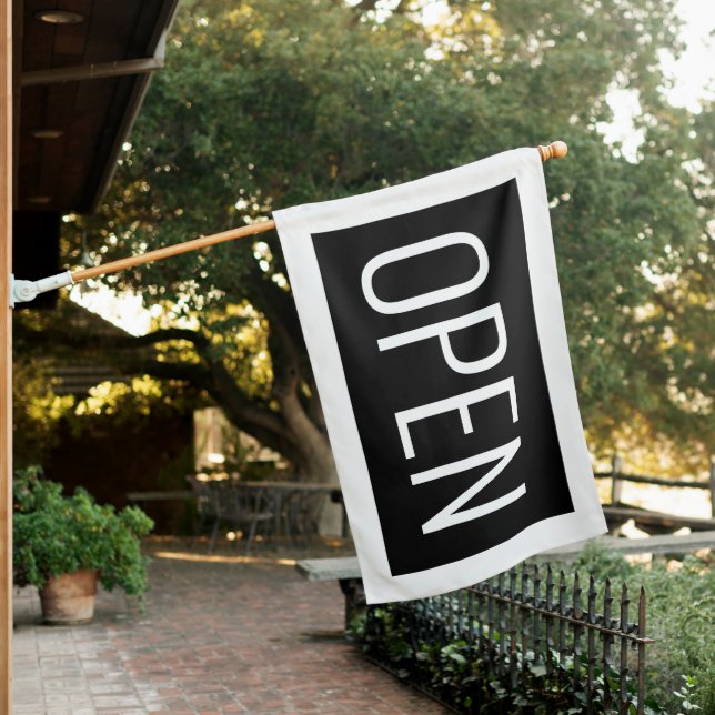 BLACK & WHITE OPEN SIGN FLAG (In SItu)