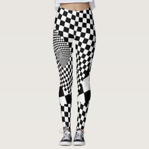 Black White Optical Ilussion Distorted Checkered Leggings