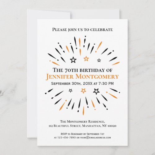 Black White Orange 70th Birthday Party Fireworks Invitation