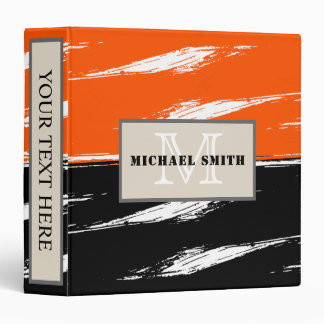 Black White Orange Brush Stroke Monogram 3 Ring Binder