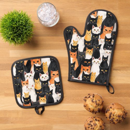 Black White Orange Cats Oven Mitt  Pot Holder Set