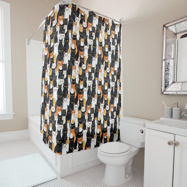 Black White Orange Cats Shower Curtain (In Situ)