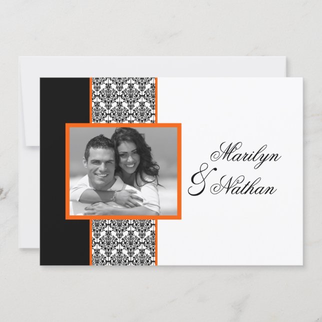 Black White Orange Damask Photo Wedding Invite (Front)