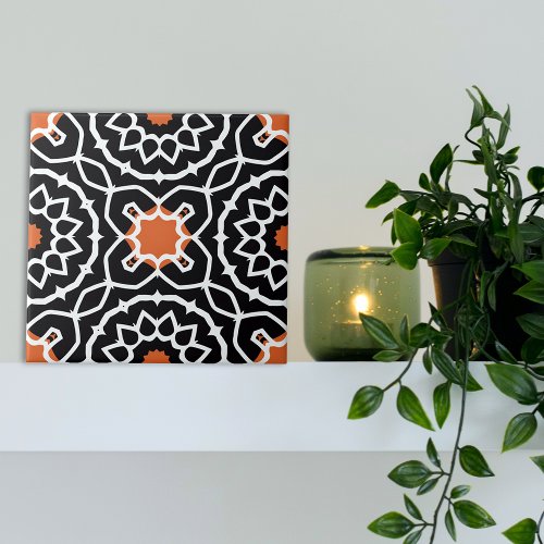 Black White Orange Moroccan Geometric Pattern Ceramic Tile