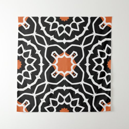 Black White Orange Moroccan Geometric Pattern Tapestry