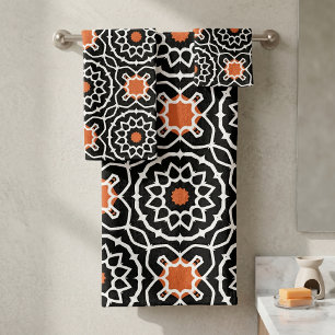 Black White Orange Moroccan Geometric Tile Pattern Bath Towel Set