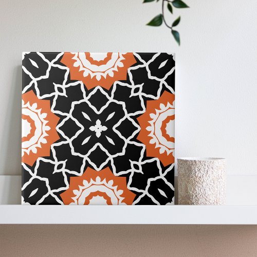 Black White Orange Mosaic Moroccan Geometric Ceramic Tile