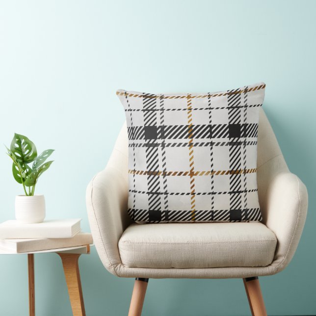 Black White & Orange Plaid Throw Pillow (Chair)