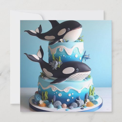  BLACK  WHITE ORCA WHALE CAKE BIRTHDAY INVITATION
