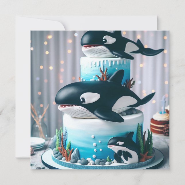  BLACK & WHITE ORCA WHALE CAKE CUTE KIDS  INVITATION (Front)