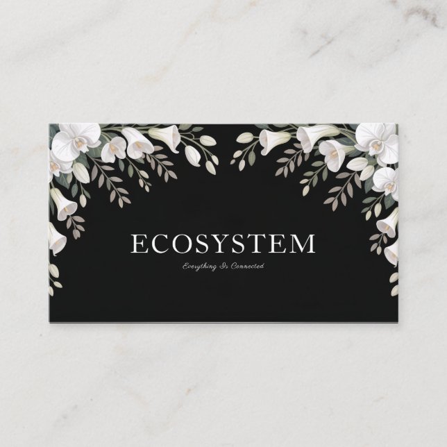 Black White Orchid Bellflower Symmetrical Floral Business Card (Front)