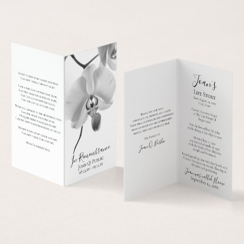 Black White Orchid on Stem Funeral Memorial Prayer Business Card