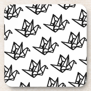 Black & White Origami Paper Crane Linocut Beverage Coaster