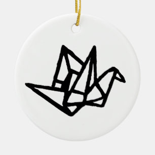 Black & White Origami Paper Crane Linocut Ceramic Ornament