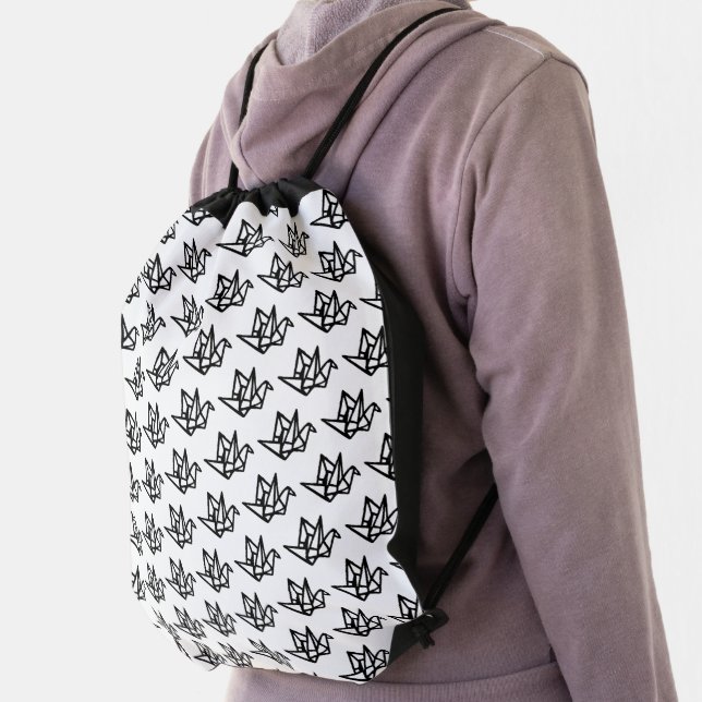 Black & White Origami Paper Crane Linocut Drawstring Bag (Insitu)