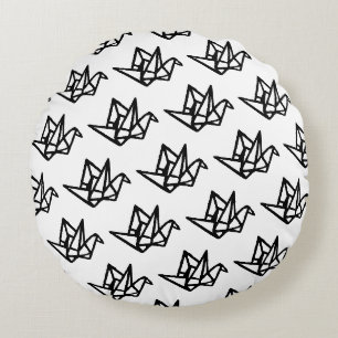 Black & White Origami Paper Crane Linocut Round Pillow