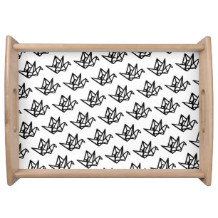 Black & White Origami Paper Crane Linocut Serving Tray