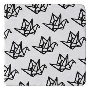 Black & White Origami Paper Crane Linocut Trivet