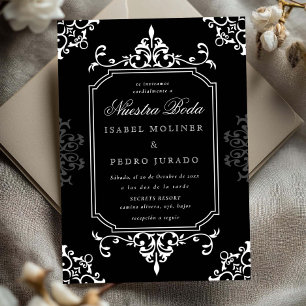 Black White Ornament Vintage Nuestra Boda Wedding Invitation