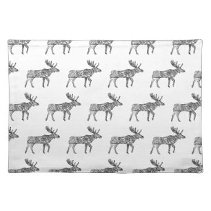 Black & White Ornamental Walking Moose Silhouette Cloth Placemat