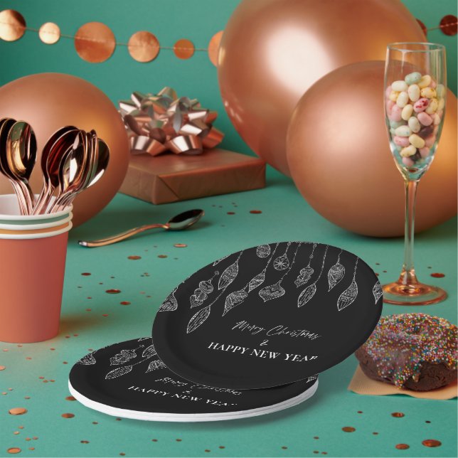 Black White Ornaments Christmas New Year Party Paper Plates (Multi)