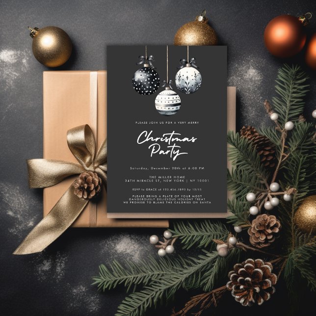 Black White Ornaments Minimalist Christmas Party Invitation (Black White Ornaments Minimalist Christmas Party Invitation)