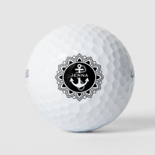 Black & White Ornate Circle & White Boat Anchor Golf Balls
