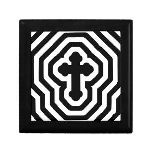 Black & White Ornate Cross with Concentric Stripes Keepsake Box