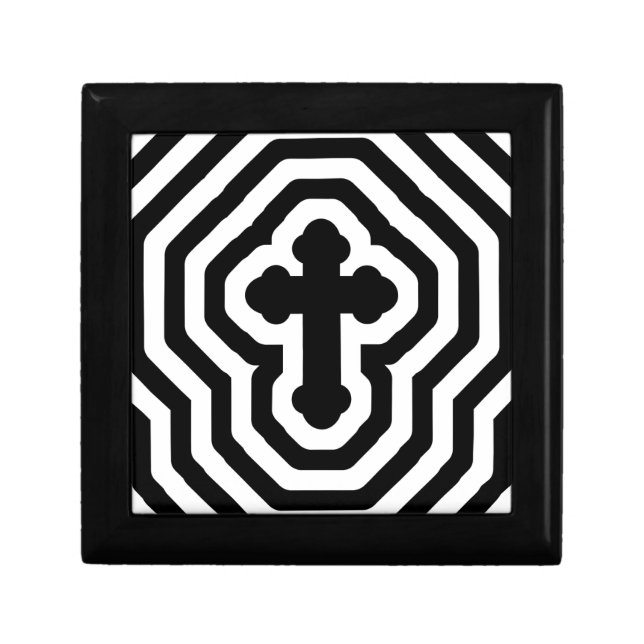 Black & White Ornate Cross with Concentric Stripes Keepsake Box (Front)