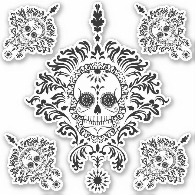 Black & White Ornate Day of the Dead Sugar Skulls Sticker (Front)